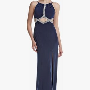 NEW A Byer Maxi Long Gown Dark Blue Rhinestones Bling Cut Out Sleeveless Size 9